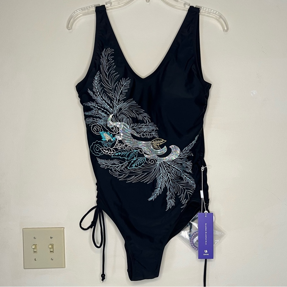 Ukini swimsuit black one piece silver sequin‎ embroidered NWT women's XXL